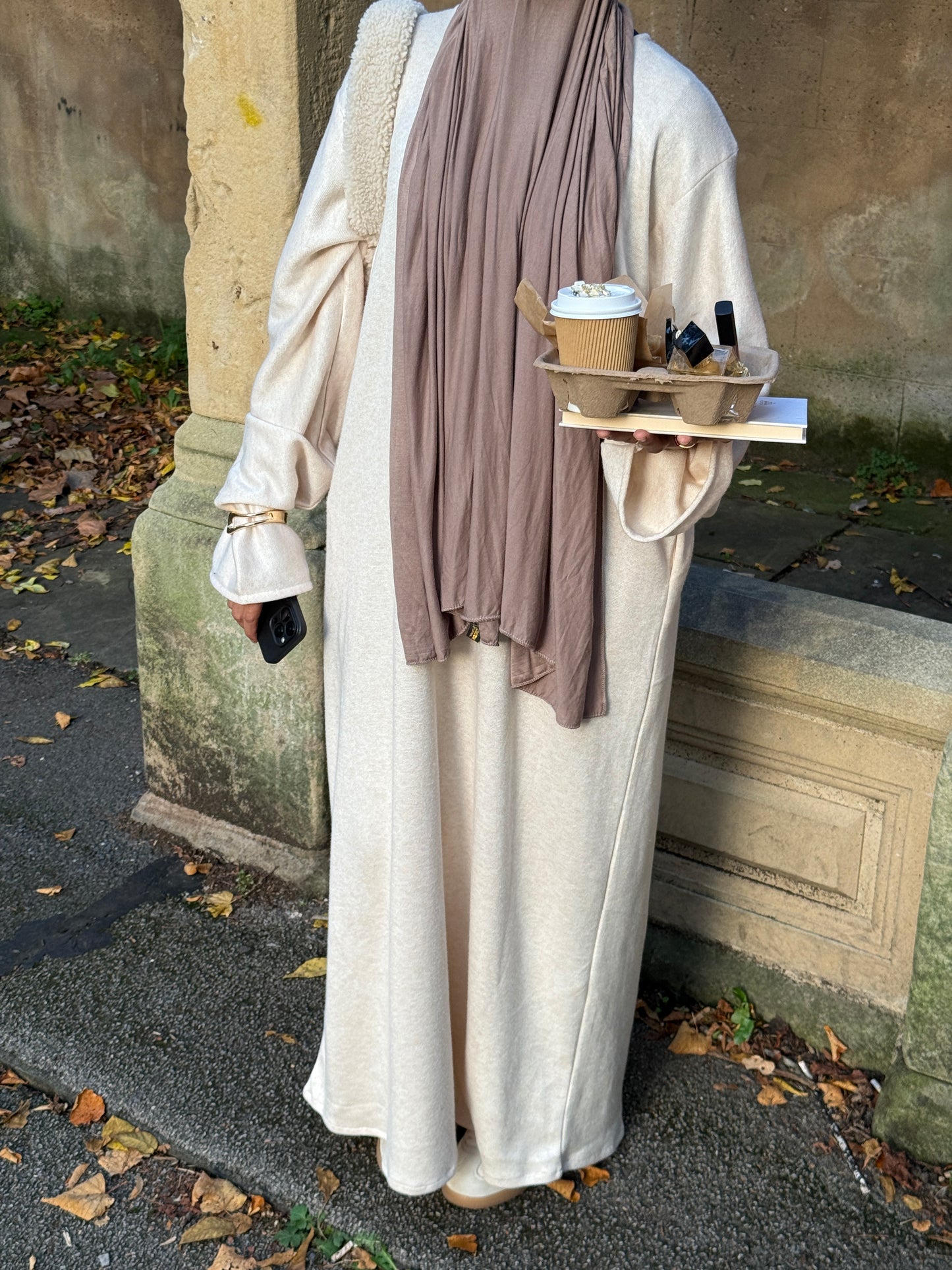 Cream Wool Blend Jersey Closed Abaya