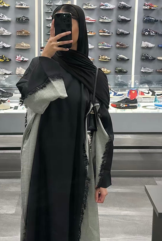 Black/ Grey Two Toned Frayed Closed Abaya