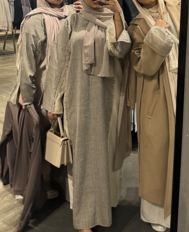 Taupe/ Beige Two Tone Frayed Closed Abaya