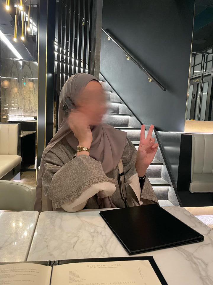 Taupe/ Beige Two Tone Frayed Closed Abaya