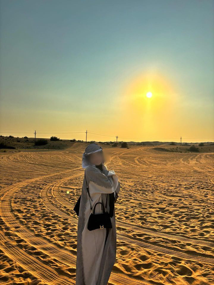 Taupe/ Beige Two Tone Frayed Closed Abaya