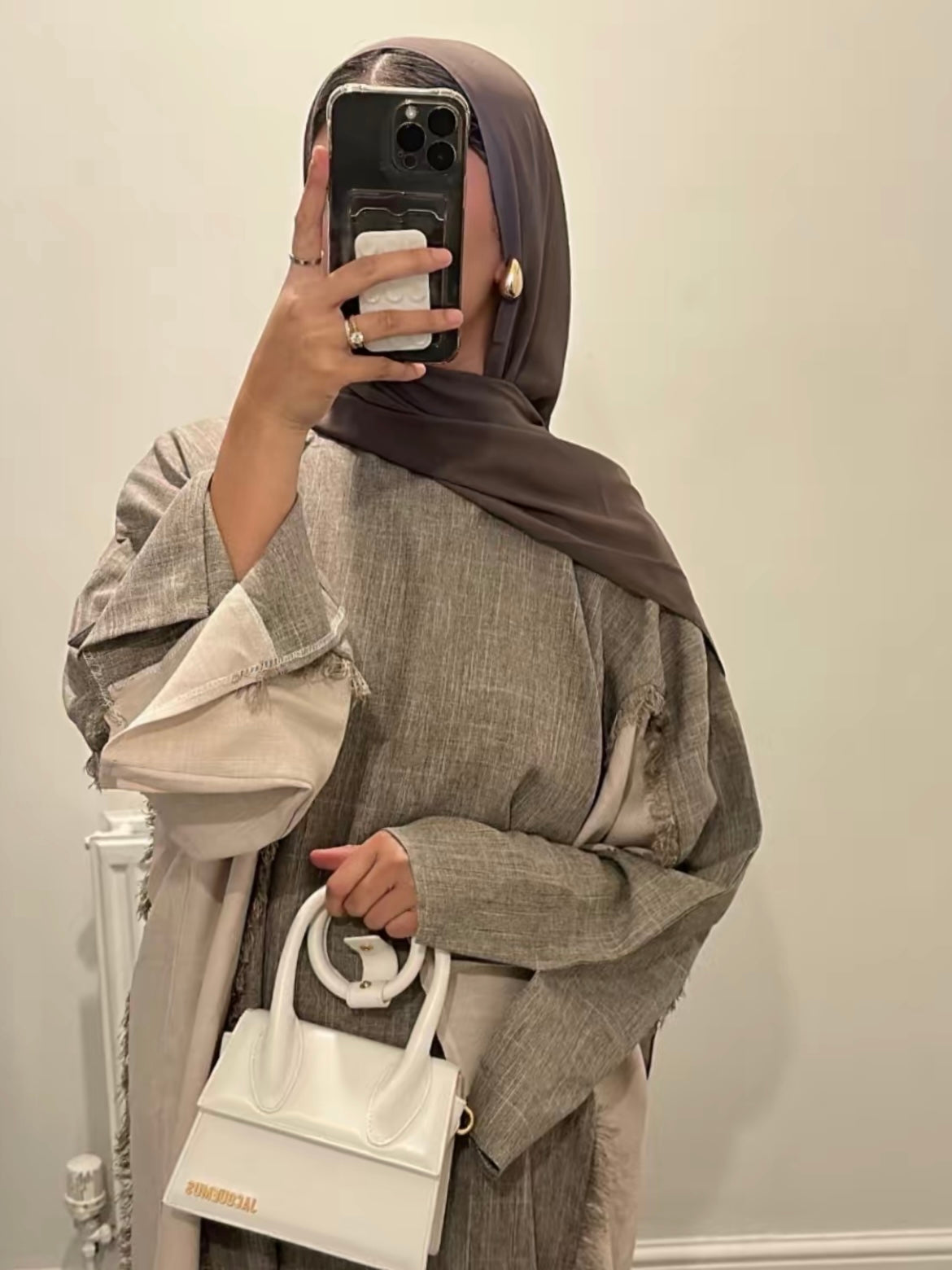 Taupe/ Beige Two Tone Frayed Closed Abaya