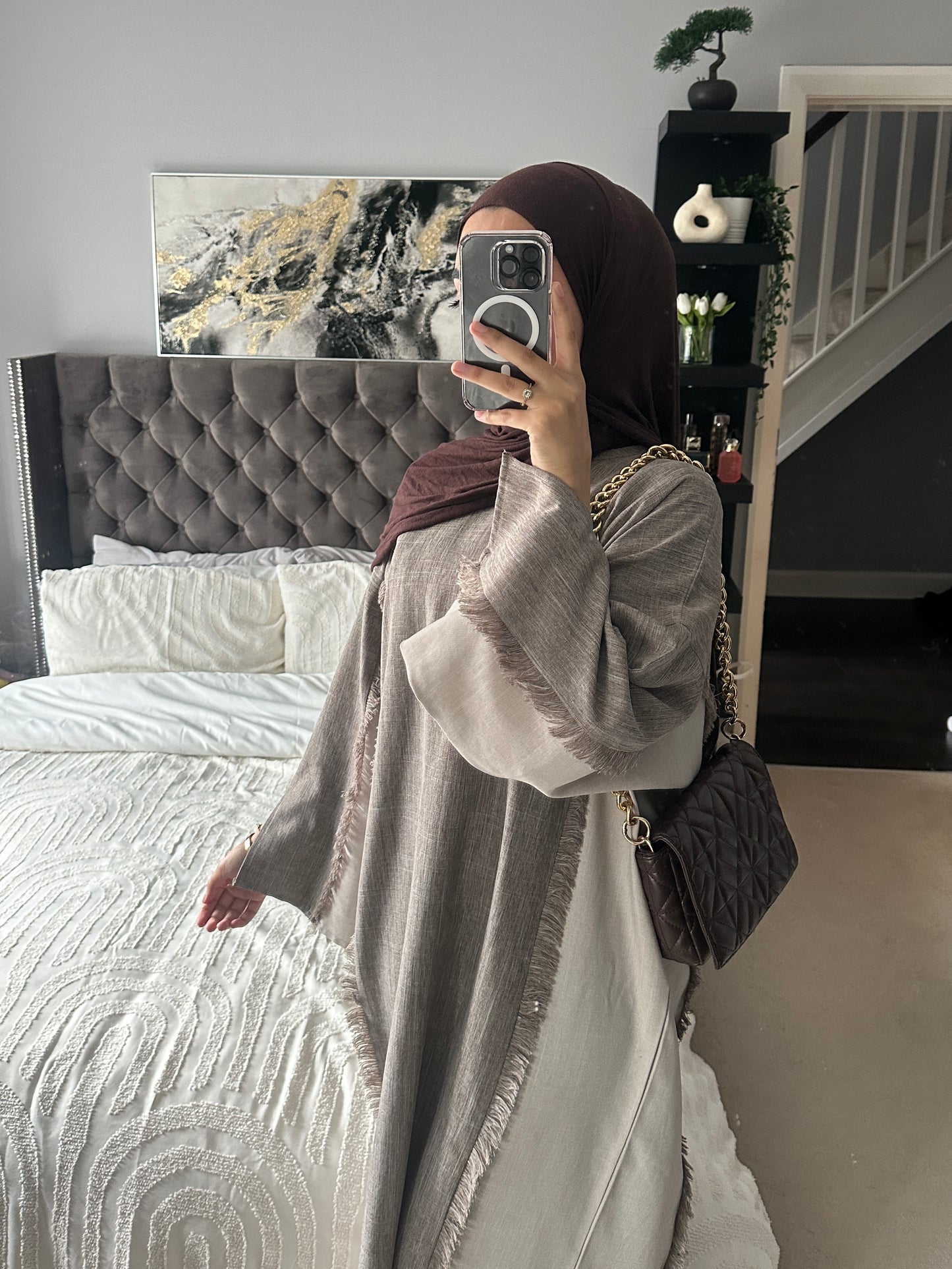 Taupe/ Beige Two Tone Frayed Closed Abaya