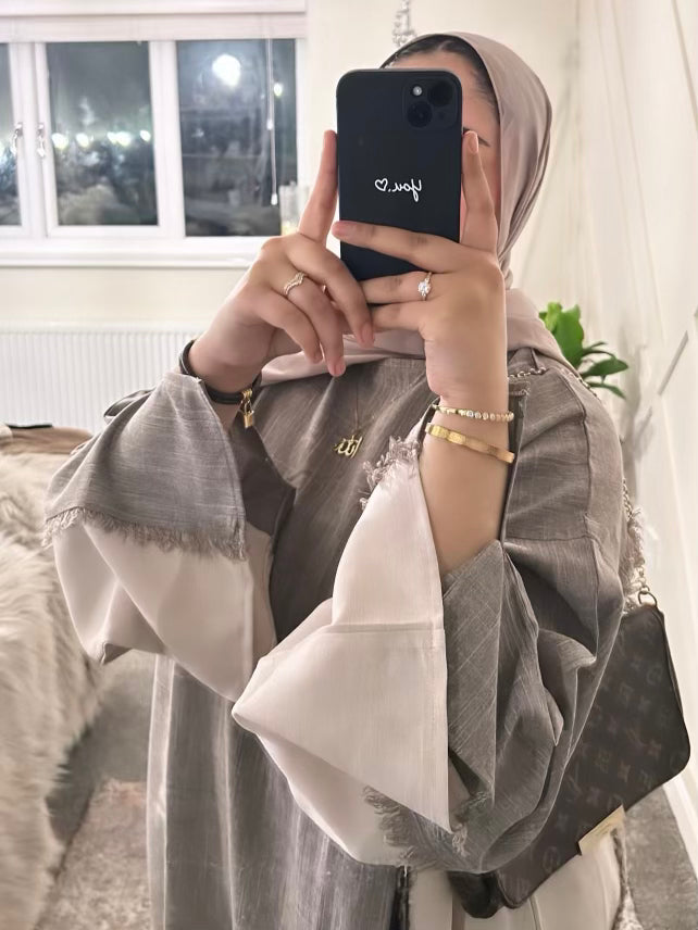 Taupe/ Beige Two Tone Frayed Closed Abaya