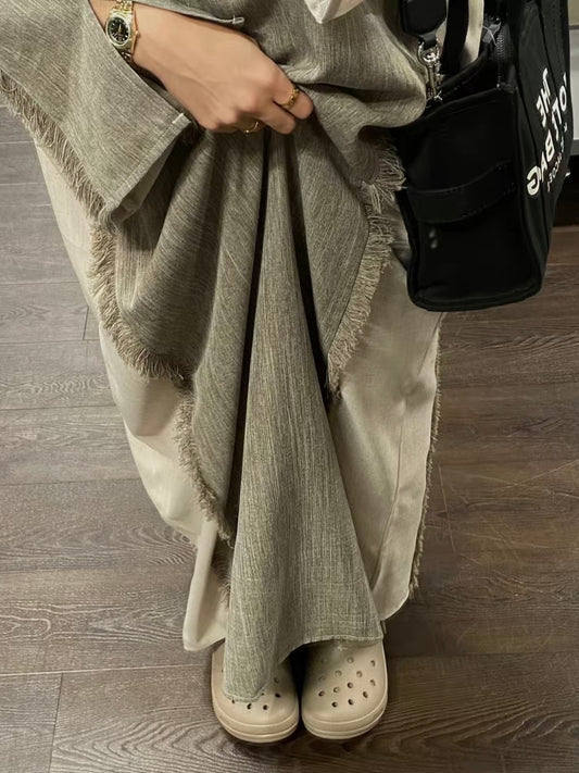 Taupe/ Beige Two Tone Frayed Closed Abaya