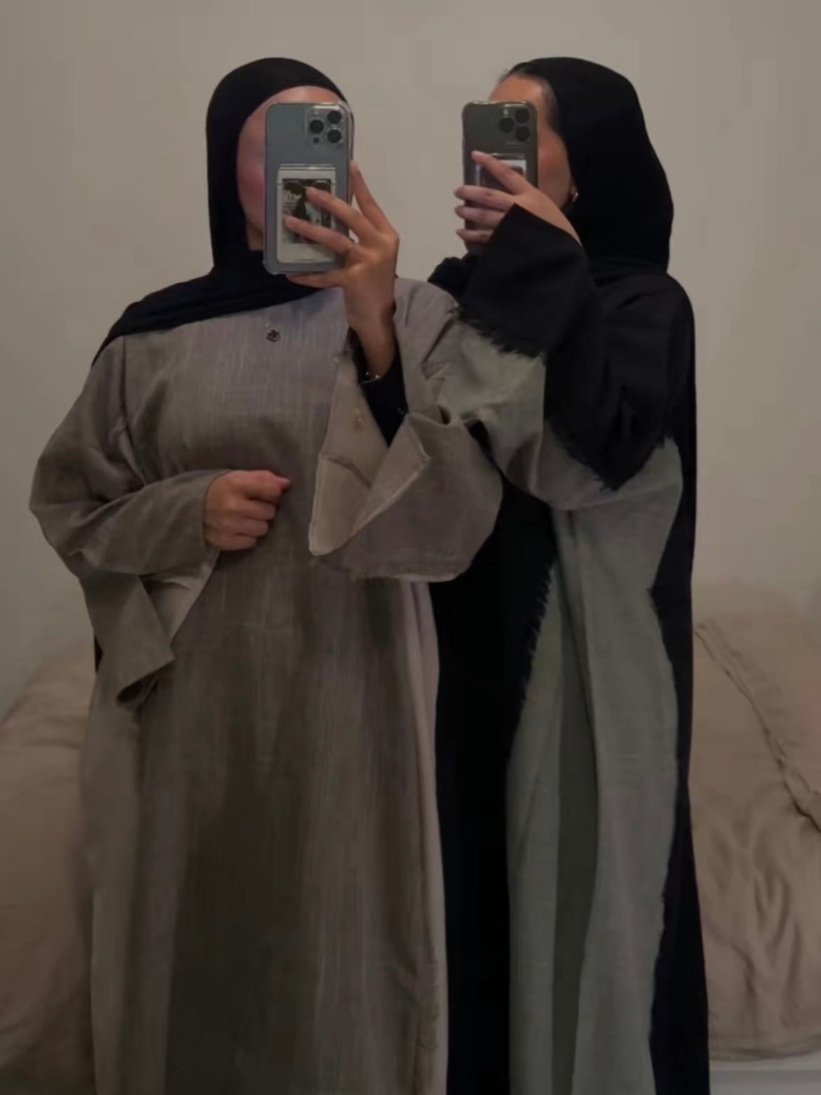 Taupe/ Beige Two Tone Frayed Closed Abaya