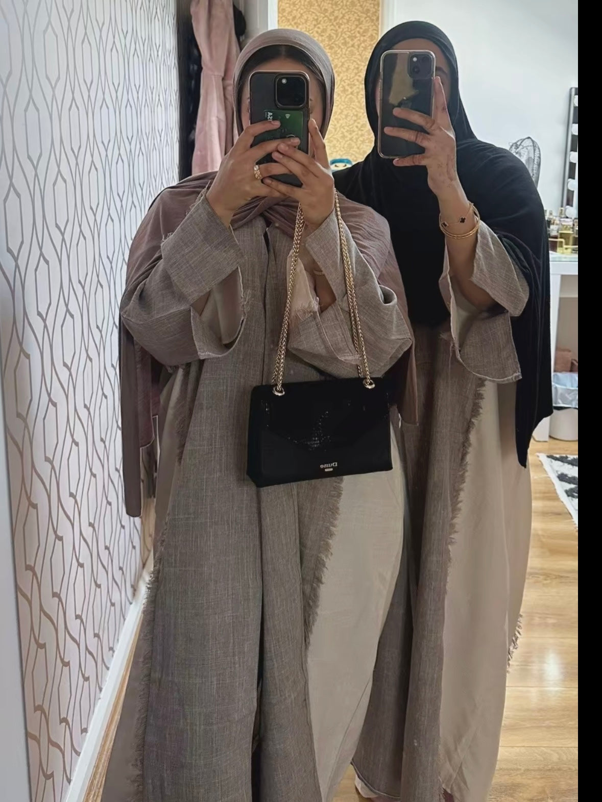 Taupe/ Beige Two Tone Frayed Closed Abaya