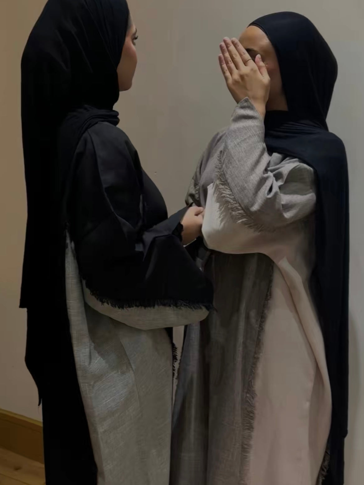 Taupe/ Beige Two Tone Frayed Closed Abaya