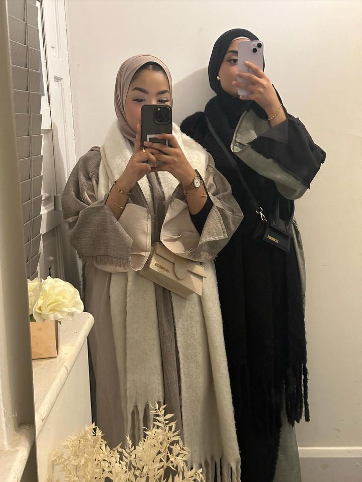 Taupe/ Beige Two Tone Frayed Closed Abaya