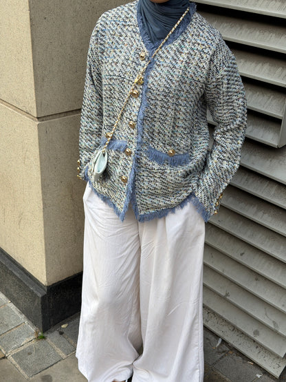 Tweed Fringe Trim Jacket Blue
