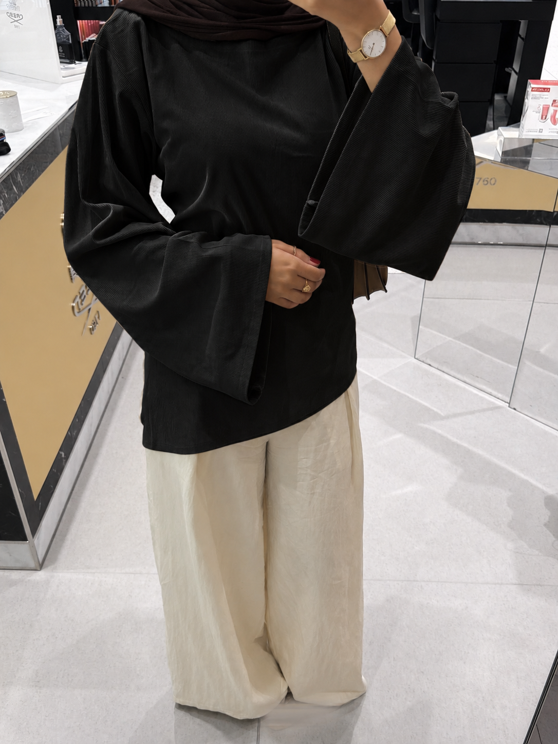 Corduroy Ribbed Asymmetric Top Black