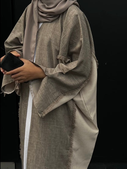 Taupe/ Beige Two Toned Frayed Open Abaya