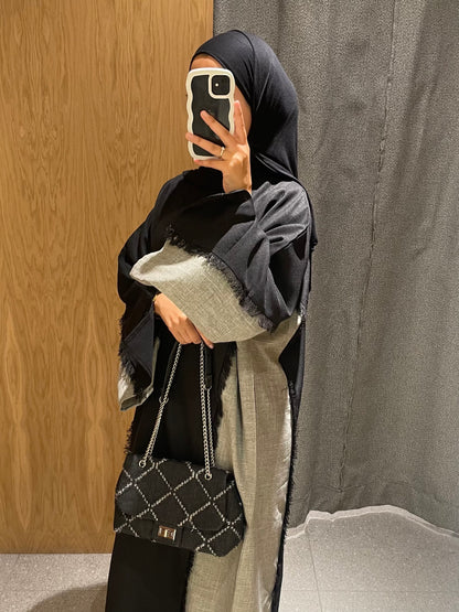 Black/Grey Two Toned Frayed Open Abaya