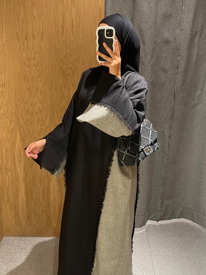 Black/Grey Two Toned Frayed Open Abaya