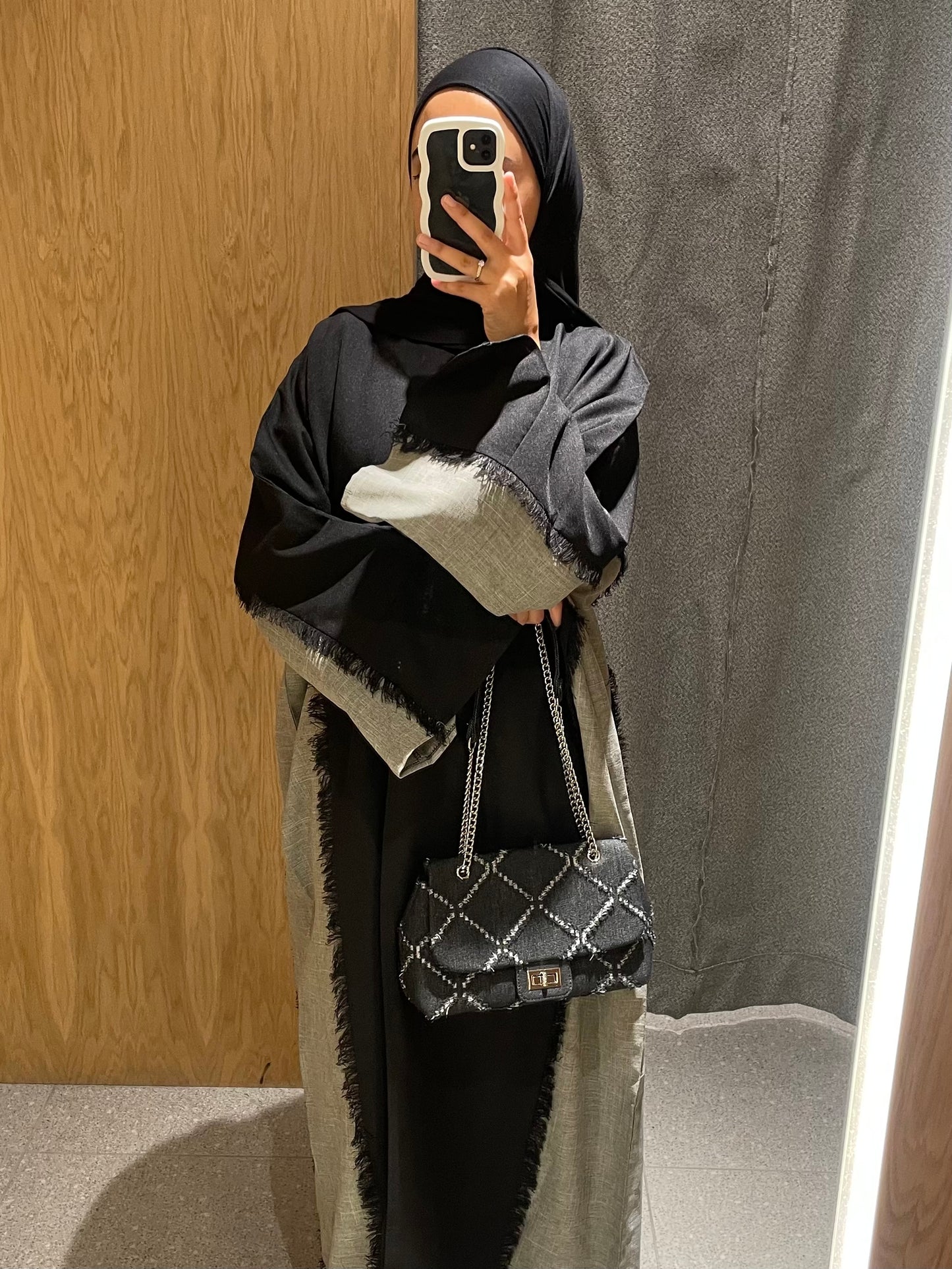 Black/Grey Two Toned Frayed Open Abaya