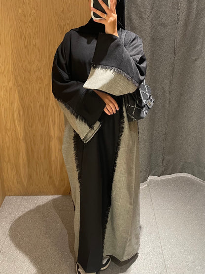 Black/Grey Two Toned Frayed Open Abaya