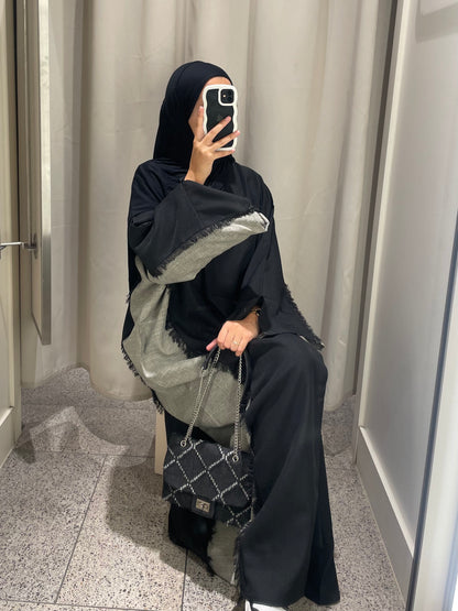 Black/Grey Two Toned Frayed Open Abaya