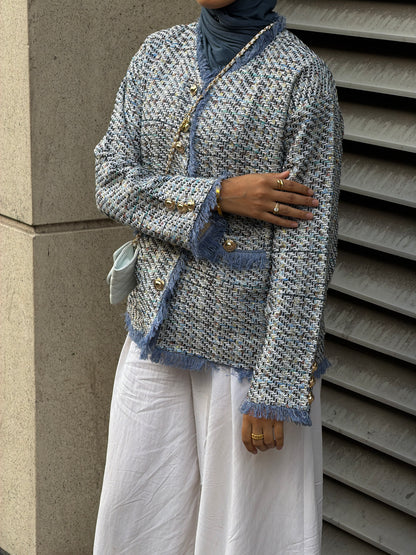 Tweed Fringe Trim Jacket Blue