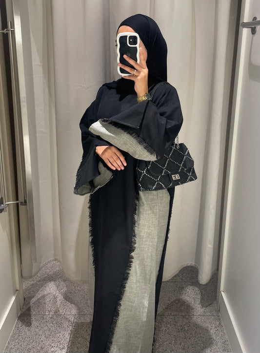 Black/Grey Two Toned Frayed Open Abaya