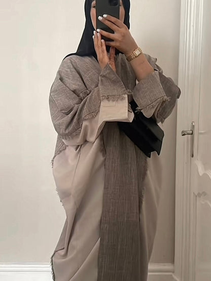 Taupe/ Beige Two Toned Frayed Open Abaya