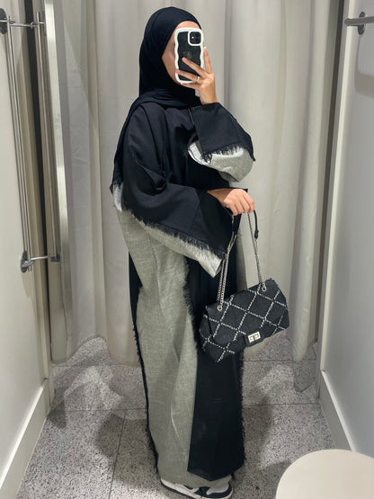 Black/Grey Two Toned Frayed Open Abaya