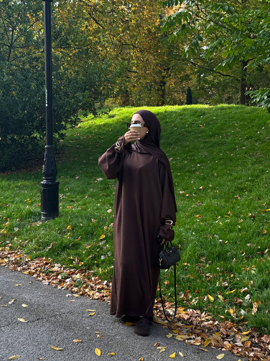 Brown Wool Blend Jersey Closed Abaya