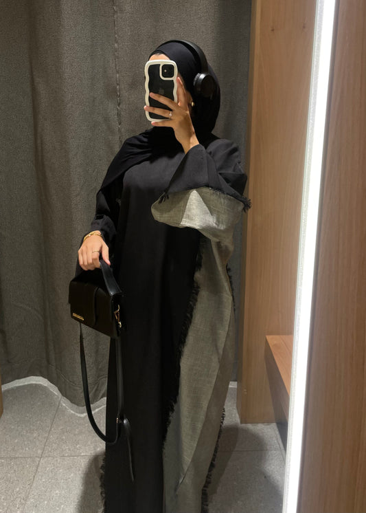 Black/ Grey Two Toned Frayed Closed Abaya