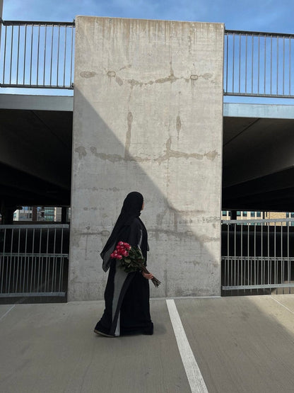 Black/Grey Two Toned Frayed Open Abaya