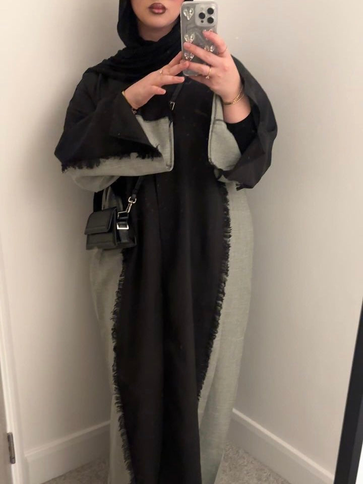 Black/Grey Two Toned Frayed Open Abaya