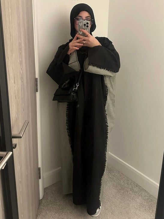 Black/Grey Two Toned Frayed Open Abaya