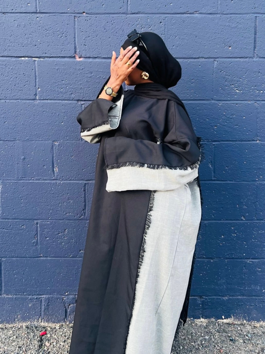 Black Grey Two Toned Frayed Closed Abaya