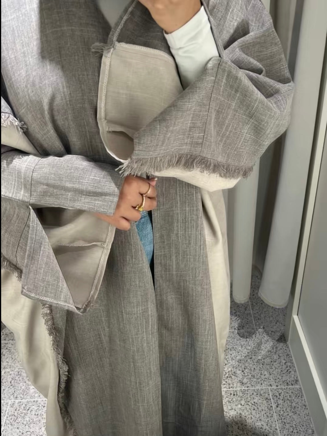 Taupe/ Beige Two Toned Frayed Open Abaya