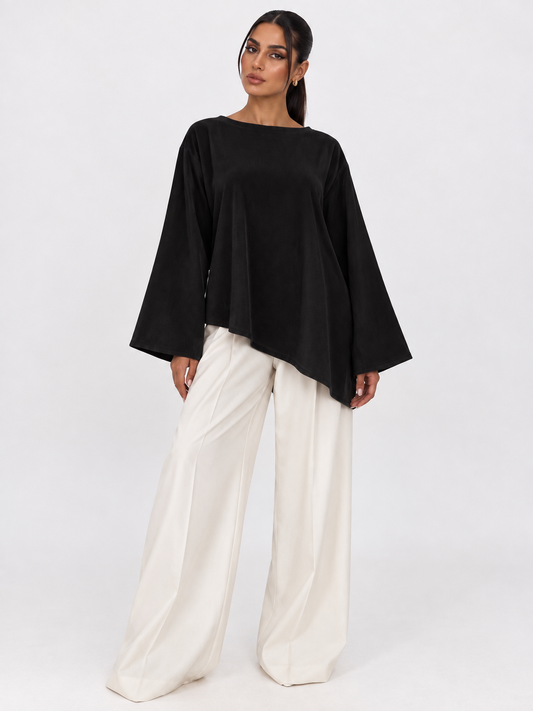 Corduroy Ribbed Asymmetric Top Black