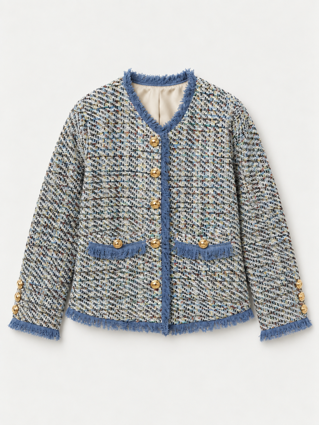 Tweed Fringe Trim Jacket Blue