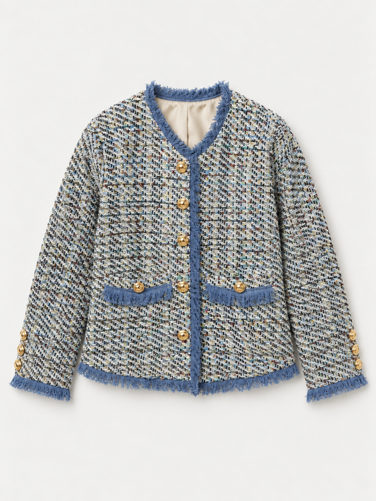 Tweed Fringe Trim Jacket Blue